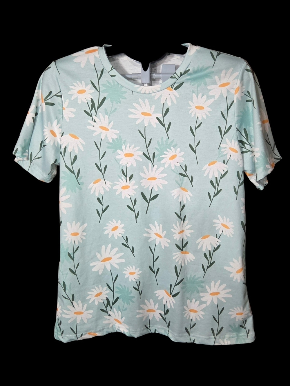 Light Blue Daisy Floral Print Short Sleeve T-Shirt Tee Size L **